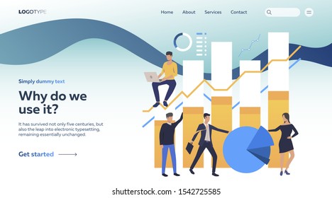 Men and woman working with charts. Devices, diagrams, charts. Business concept. Vector illustration for webpage, presentation, poster