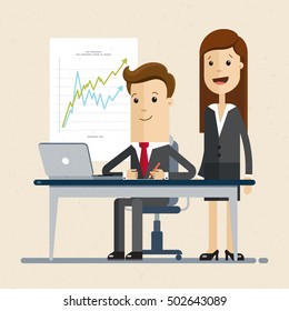 Men and woman works together, colleague, employee. Men sits at the table on workplace, works on laptop, woman stands beside her . Vector, illustration, flat