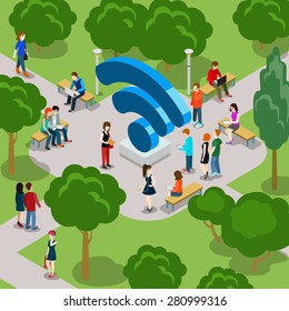 Men & Women 3d Flat Isometric Style With Wi-fi Icon In Park Concept Vector.
Creative People Collection.