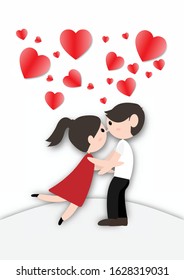 Men and women are about to kiss each other in love. There are small hearts, big hearts on top of them both on a white background. Used to make cards for the festival of love, Valentine's Day, wedding.