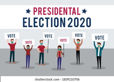 Men And Women Activists Are Calling For Votes. Voting And Election Concept. Pre-election Campaign. Vote 2020. Election 2020. Vote 2020 In USA, Banner Design. Political Election Campaign