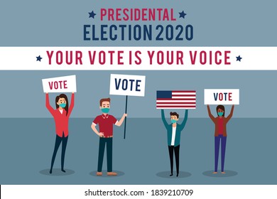 Men And Women Activists Are Calling For Votes. Voting And Election Concept. Pre-election Campaign. Vote 2020. Election 2020. Vote 2020 In USA, Banner Design. Political Election Campaign