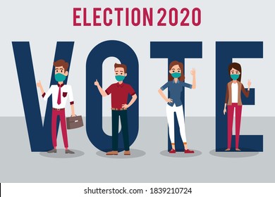 Men and Women activists are calling for votes. Voting and Election concept. Pre-election campaign. Vote 2020. Election 2020. Vote 2020 in USA, banner design. Political election campaign