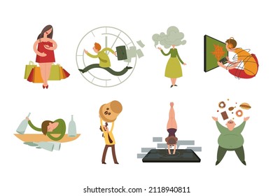 Men and women with addictions flat vector illustrations set. Cartoon people with compulsions, guy addicted to computer games or internet, persons with love for coffee and food. Addiction concept