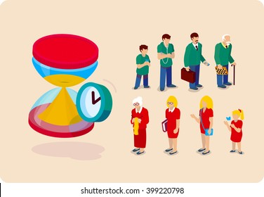 Men and women of the aging process. Hourglass and the dial.