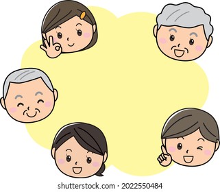 Men and women of all ages smiling in front of a large yellow text space