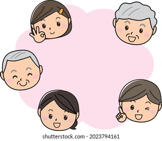 Men and women of all ages smiling in front of a large pink text space