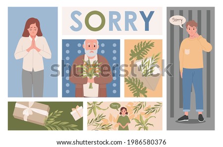 Men and women apologizing to offended people sending excusing gifts vector flat illustration. Young man and girl saying sorry, old man holding flowers. Guilty people speaking forgiveness.