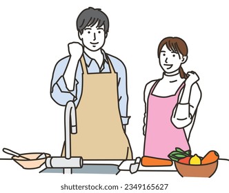 Men and women in aprons who pose in the kitchen
