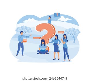 Men and women asking questions, discussing, searching for answers, ideas online and offline using laptop, phone, book next to question mark. flat vector modern illustration