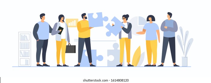 Men and women assemble a common puzzle. The concept of teamwork and team communication. Solving business problems. Meeting with business people. Vector flat illustration.