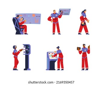 Astronautas hombres y mujeres trabajando con paneles de control, ilustración vectorial plana aislada en fondo blanco. Personas en el espacio dentro de la nave espacial. Personajes futuristas de dibujos animados.