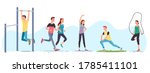 Men & women athletes doing exercises & working out outdoors set. People training,  street workout equipment, jogging, stretching body, skipping rope. Sport, fitness & running. Flat vector illustration