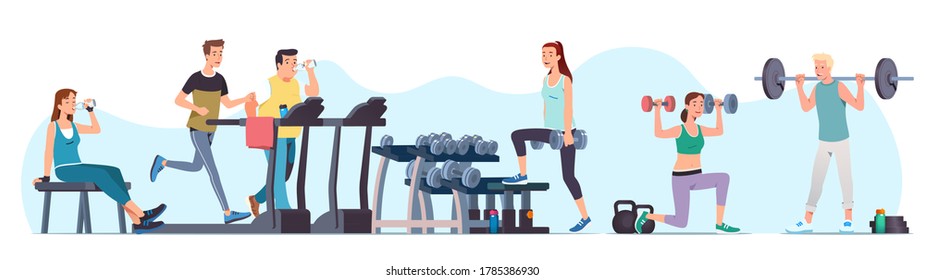 Men & women athletes doing exercises & training at gym set. Sporty people working out lifting dumbbells & weight, jogging on treadmill. Sport, wellness, workout, run, fitness. Flat vector illustration