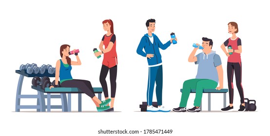 Men & women athletes standing, sitting on benches, resting after training & drinking water in gym set. Sporty people working out, relaxing & communicating. Sport & wellness. Flat vector illustration