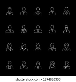 Men and women avatar icons white set - vector. Line art business people icons set