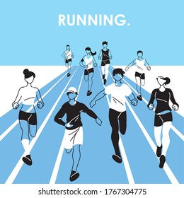 men and women avatars running design, Marathon athlete training and fitness theme Vector illustration