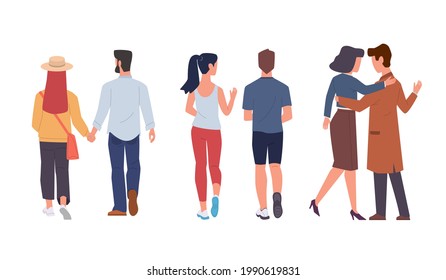 Men and women back view. Couple walking and running together, holding hands, romantic relationships. Young characters in love, husband and wife, boyfriend and girlfriend vector cartoon set