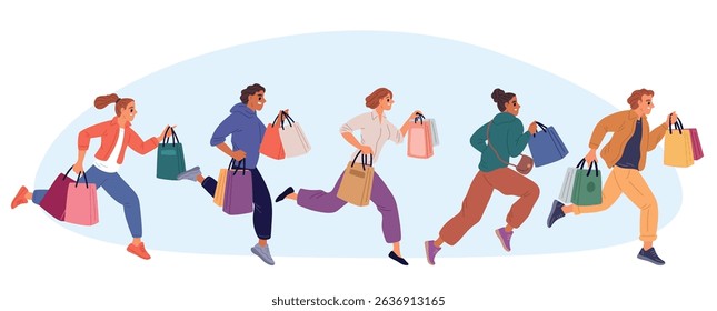 Men and women with bags running to shopping. Customers carrying packets from store. Rush and hurry people. Shop discount. Buyers make purchases. Shopaholic persons group. Retail sale. Vector concept