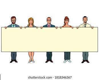 Men and women with a banner. pop art retro vector illustration kitsch vintage drawing 50s 60s style