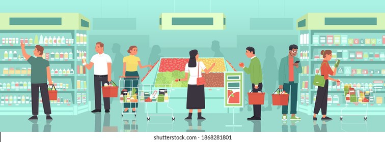 Men and women with baskets and grocery carts select and buy groceries at the grocery store. People buy food at the supermarket. Customers of a large retail store. Vector illustration in flat style