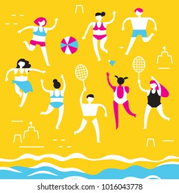 Men and women in bathing suits play beach volleyball and badminton on the beach. Trendy abstract flat illustration for advertising seasonal and tourist recreation. Color scheme CMYK. Vector