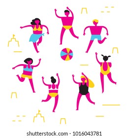 Men and women in bathing suits play beach volleyball on the beach. Trendy abstract flat illustration for advertising seasonal and tourist recreation. Color scheme CMYK. Vector