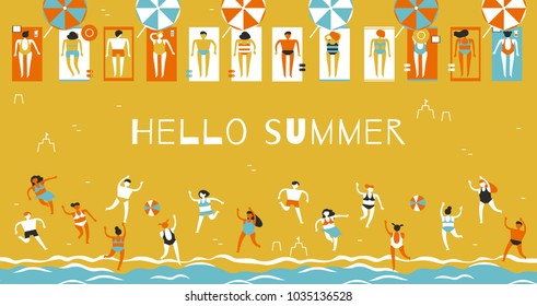 Men and women in bathing suits sunbathe on the beach and play beach volleyball. Trend abstract flat illustration for advertising seasonal and tourist recreation. Vector illustration