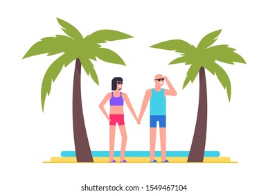 Men and women at the beach. Summer concept. Beach palms on background. isolated on white background