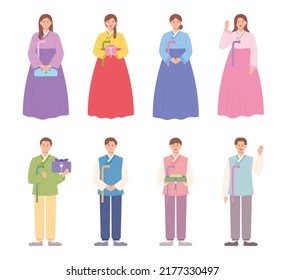 Men and women in beautiful Korean traditional clothing, Hanbok. They are greeting with traditional gifts. flat design style vector illustration.