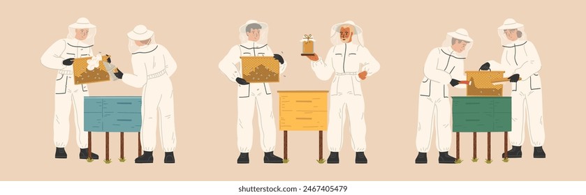 Men and women in beekeepers suit gathering honey at apiculture