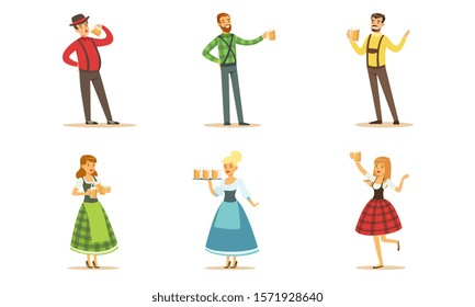 Men and women with beer mugs. Set of vector illustrations.