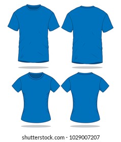 Men & Women Blank Blue T-Shirt Vector For Template.Front And Back Views.