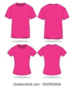 Men & Women Blank Pink T-Shirt Vector For Template.Front And Back Views.