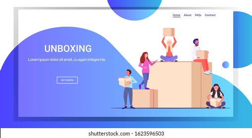 men women bloggers opening parcel boxes recording unboxing video live streaming social media mail delivery shipment blogging concept full length horizontal copy space vector illustration