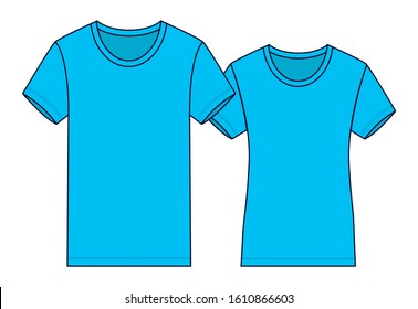 Men & Women Blue T-Shirt Vector For Template With Front View.