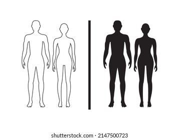 Men And Women Body Icon Vector Illustration. Male And Female Human Body Silhouette With Flat And Line Concepts.