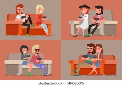 men and women, boys and girls hipsters playing video games sitting on the sofa. Vector illustration. flat design style