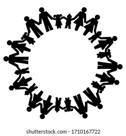 Men, women, boys and girls holding hands and standing in a circle. Pictograms of connected people forming a circle to express friendship, family, relationships and the society.  Illustration. Vector.