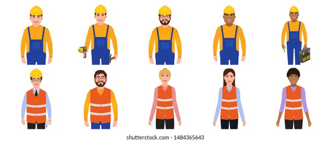 Men And Women Builders Avatars, People Dressed In Building Uniforms Icon Set, Characters In Cartoon Style, Worker Holds A Drill, Hammer And A Toolbox Vector Illustration On A White Background