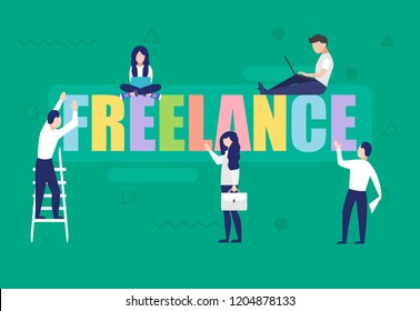 Men And Women Building A Word  Freelance In Flat Modern Style. Concept Of  Free Lance Jobs, Working At Home  And Having Fun Working.