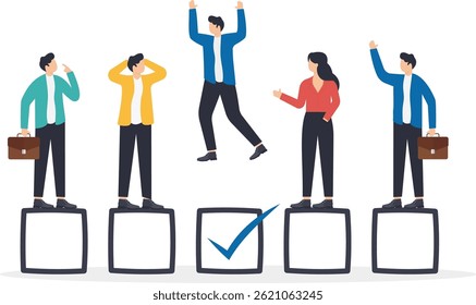 men and women in business clothes and check mark icon opposite one of them, approved for the position

