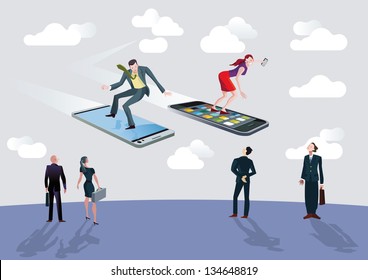 Men and women of business flying or surfing on mobile phones sailing between clouds in a blue sky. Below they, on thhe ground, other more traditional businessmen observed astonished.