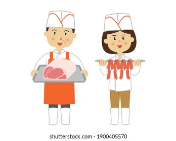 Men and women of a butcher shop clerk. Vector data on a white background.