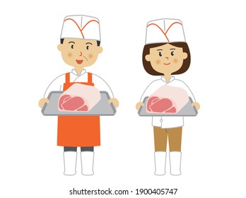 Men and women of a butcher shop clerk. Vector data on a white background.