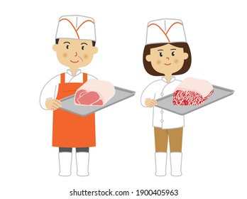 Men and women of a butcher shop clerk. Vector data on a white background.