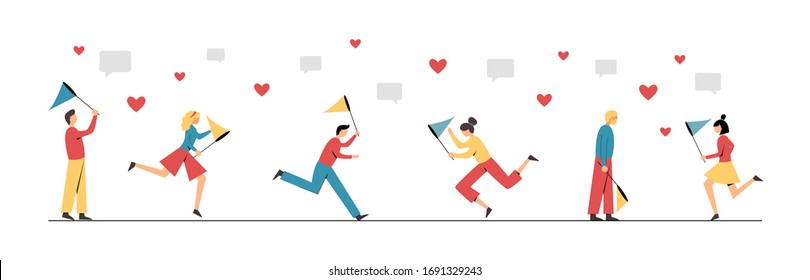 Men and women with butterfly net catch likes and comments. Vector concept of social media addiction. Chasing for love, recognition,fame. Trendy illustration in a flat style.