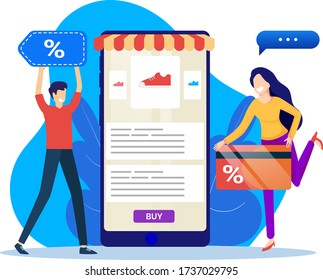 Men and women buy goods in online stores. The concept of mobile shopping on social media networks. Modern flat style vector illustration design on a white background for a website or landing page
