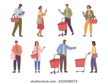 Men and women buying food and products for home in grocery store. Vector in flat style, isolated set of personages with shopping trolleys and carts, chores and evening routine for people