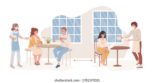 Men and women in cafe or restaurant after Coronavirus outbreak vector flat illustration. Waiters in mask and gloves bringing order and menu. Social distance and new normal after global pandemic.